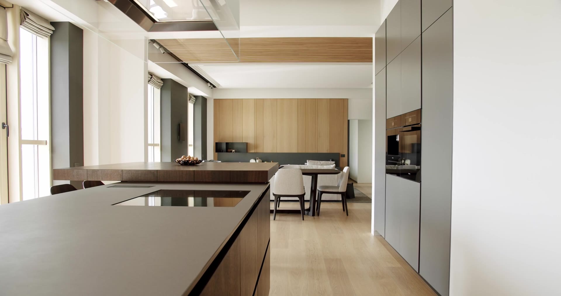Contemporary kitchen and dining room in a renovated Riviera apartment